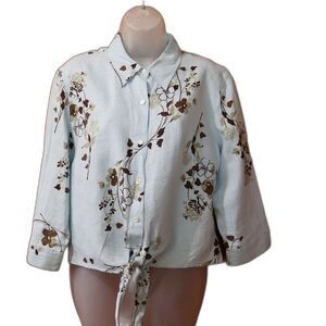 Edward Cropped Blue Floral Button Down Tie Front Top LG Linen